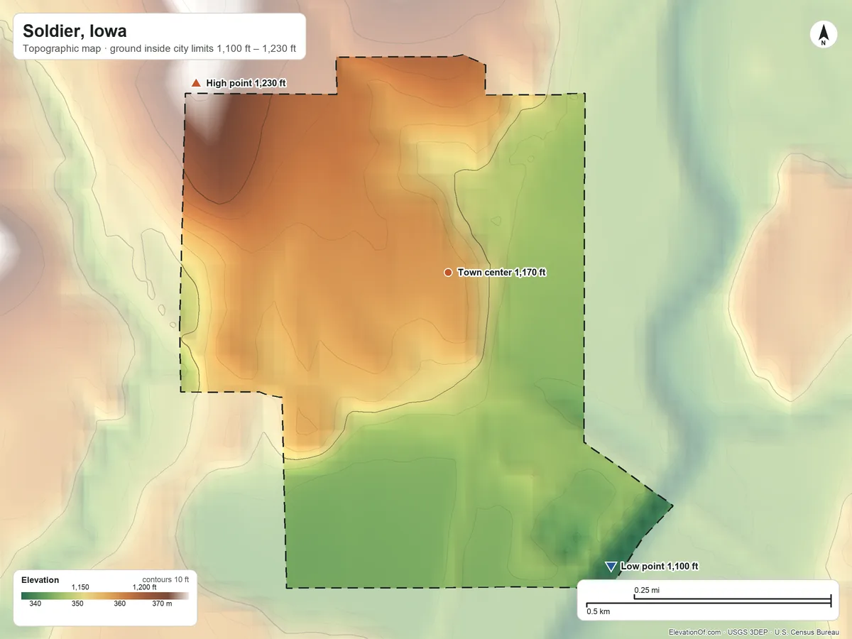 Topographic elevation map of Soldier, Iowa, shaded from 1,100 ft on the southeast side to 1,230 ft on the northwest side