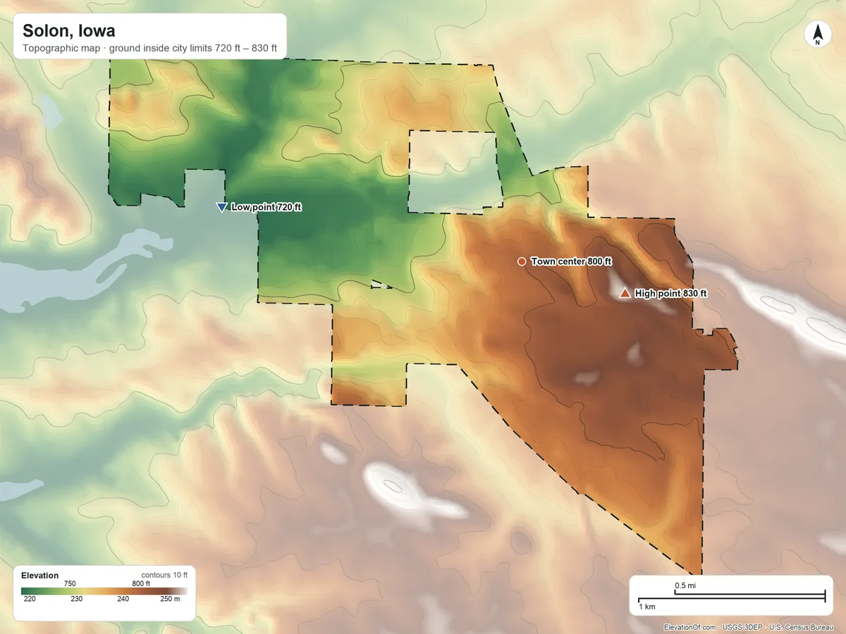 Topographic elevation map of Solon, Iowa, shaded from 720 ft on the west side to 830 ft on the east side