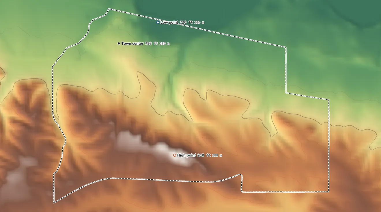 Topographic elevation map of South Amana, Iowa, shaded from 720 ft on the northeast side to 910 ft on the southeast side
