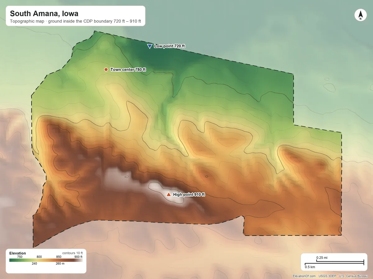 Topographic elevation map of South Amana, Iowa, shaded from 720 ft on the northeast side to 910 ft on the southeast side