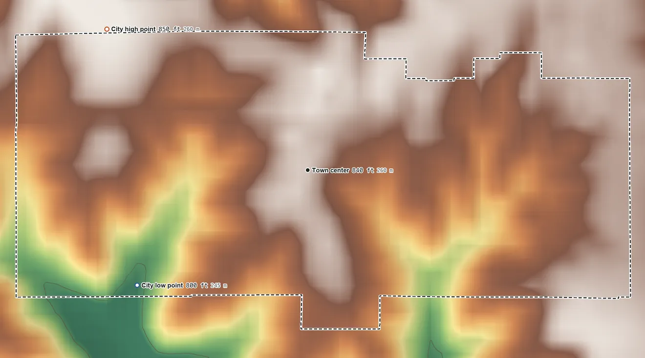 Topographic elevation map of South English, Iowa, shaded from 800 ft on the southwest side to 850 ft on the northwest side