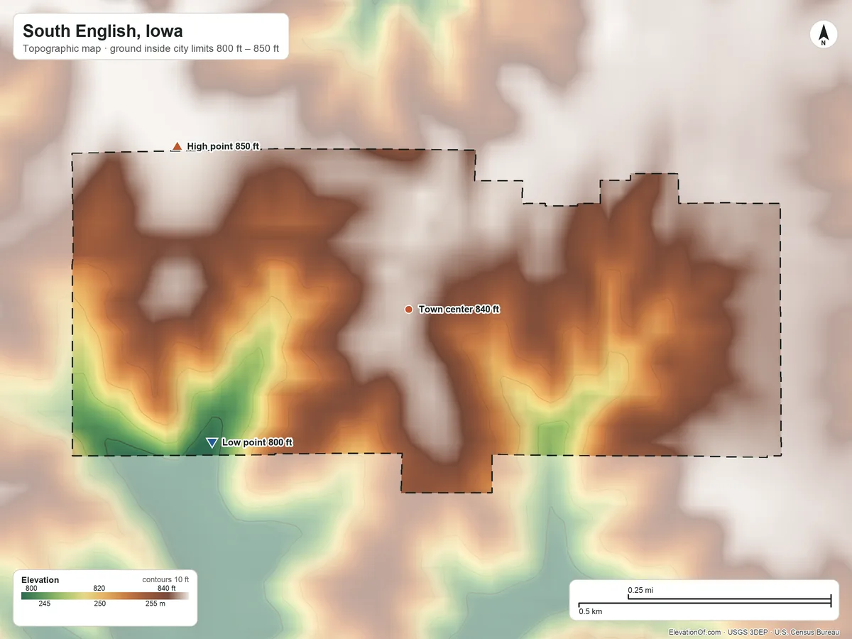 Topographic elevation map of South English, Iowa, shaded from 800 ft on the southwest side to 850 ft on the northwest side