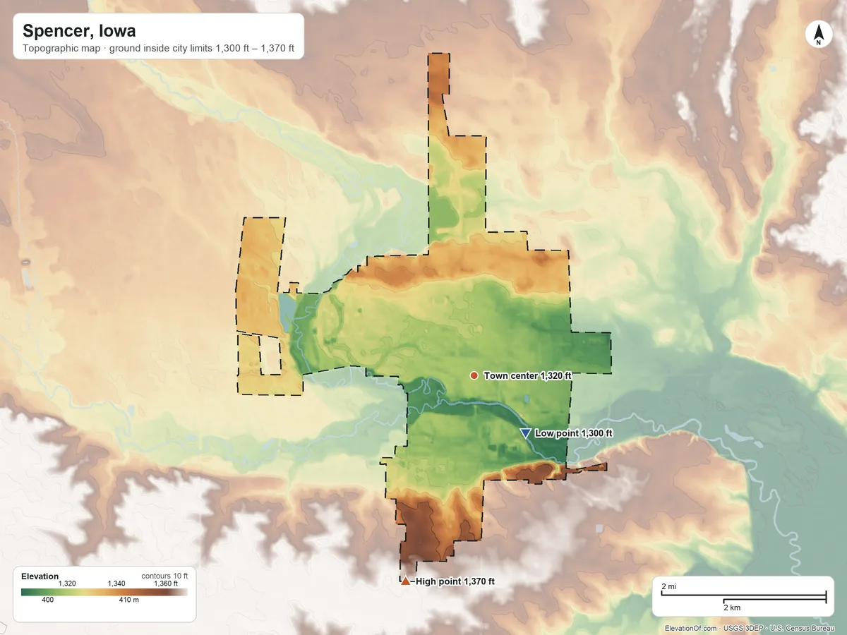 Topographic elevation map of Spencer, Iowa, shaded from 1,300 ft on the southeast side to 1,370 ft on the south side