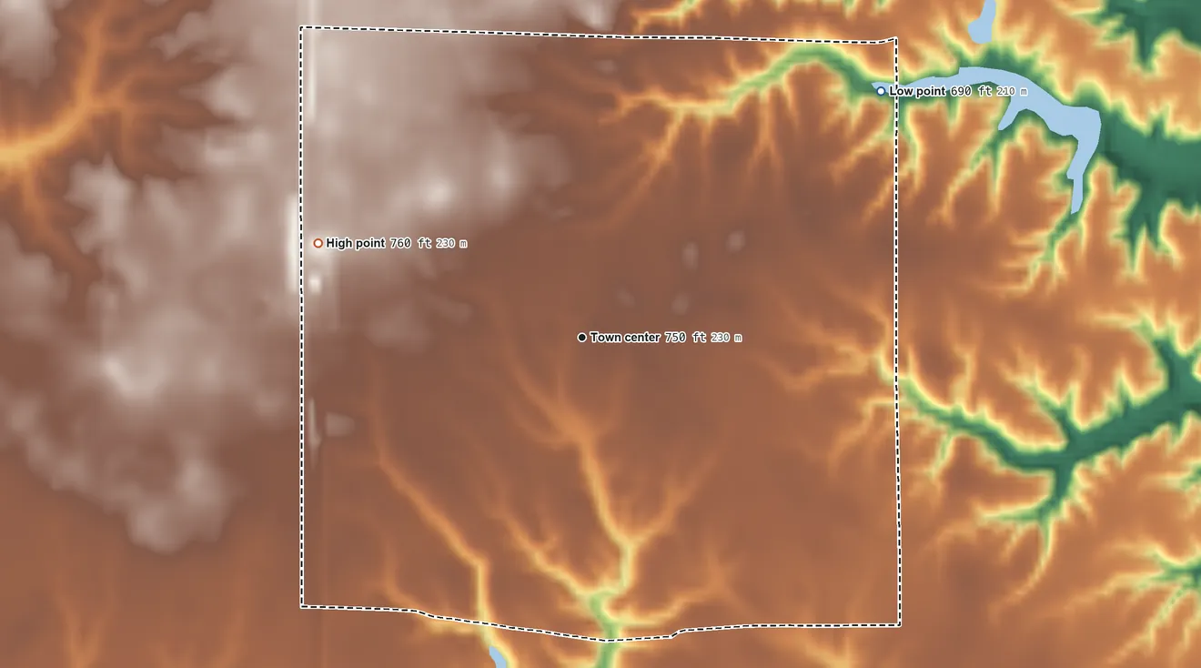 Topographic elevation map of Sperry, Iowa, shaded from 690 ft on the northeast side to 760 ft on the west side
