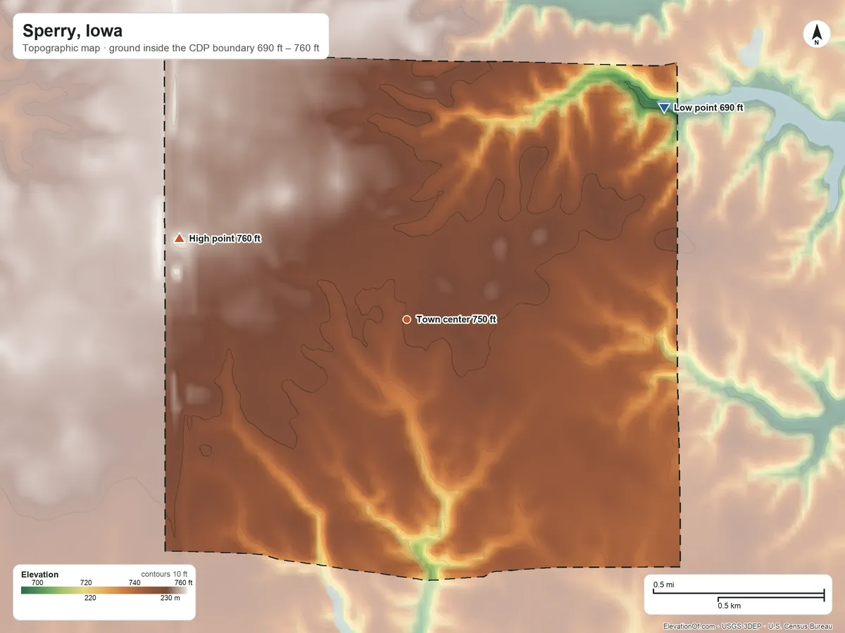 Topographic elevation map of Sperry, Iowa, shaded from 690 ft on the northeast side to 760 ft on the west side