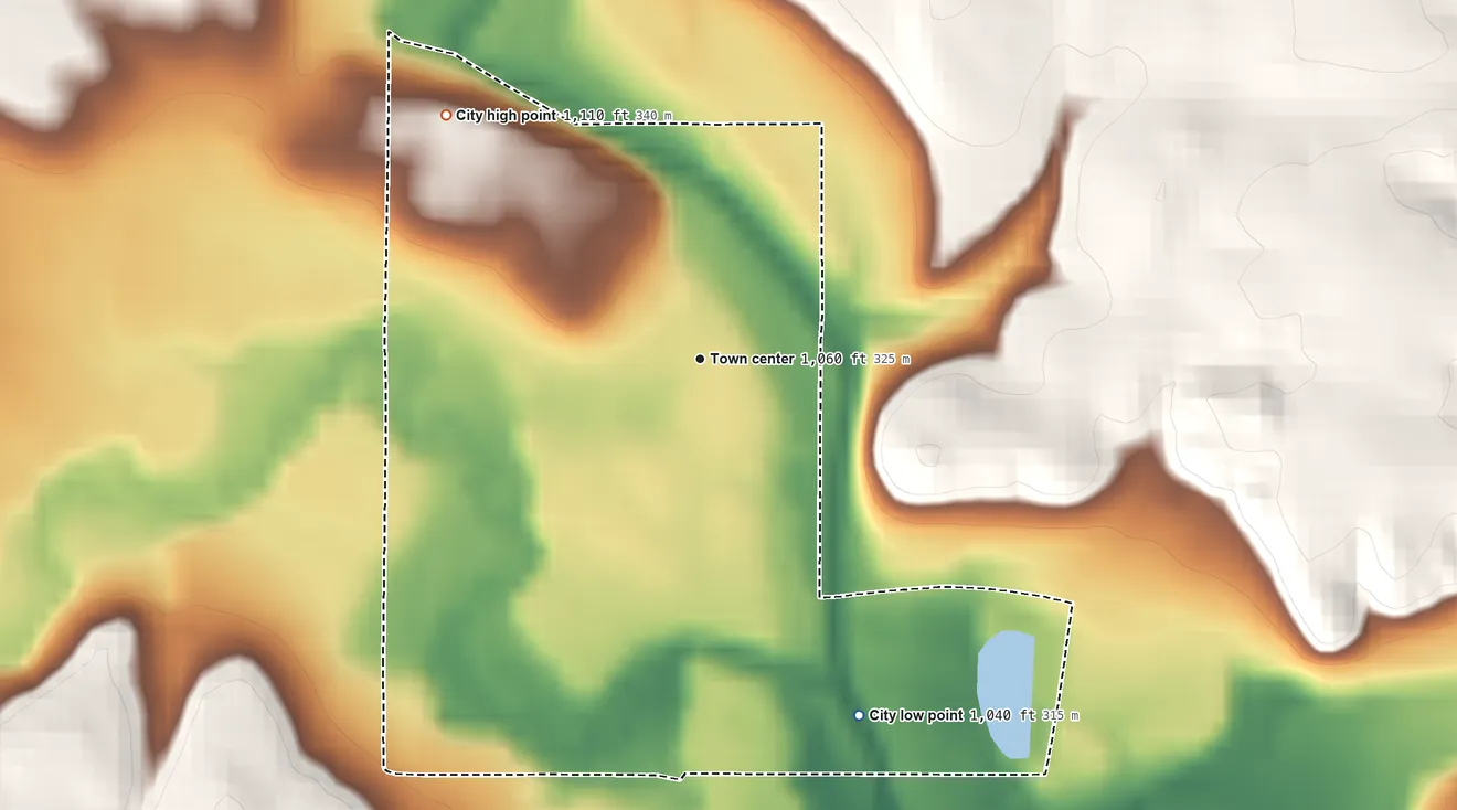 Topographic elevation map of Spillville, Iowa, shaded from 1,040 ft on the southeast side to 1,110 ft on the northwest side