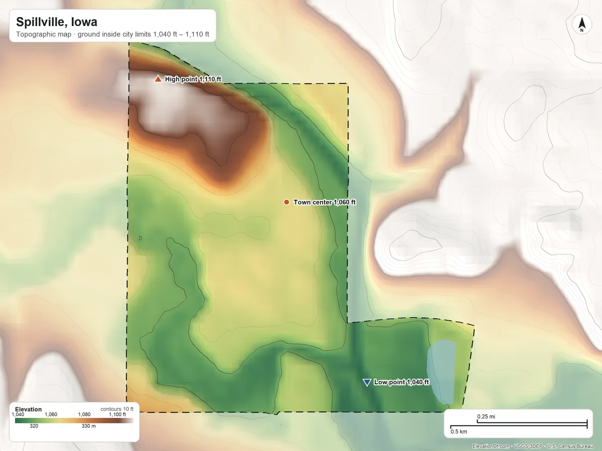 Topographic elevation map of Spillville, Iowa, shaded from 1,040 ft on the southeast side to 1,110 ft on the northwest side