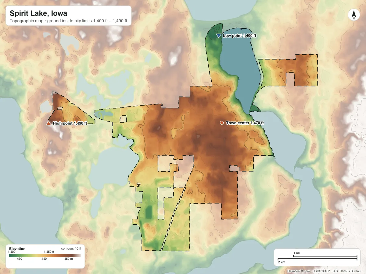 Topographic elevation map of Spirit Lake, Iowa, shaded from 1,400 ft on the north side to 1,490 ft on the west side