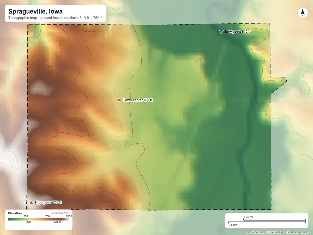 Topographic elevation map of Spragueville, Iowa, shaded from 610 ft on the northeast side to 750 ft on the southwest side