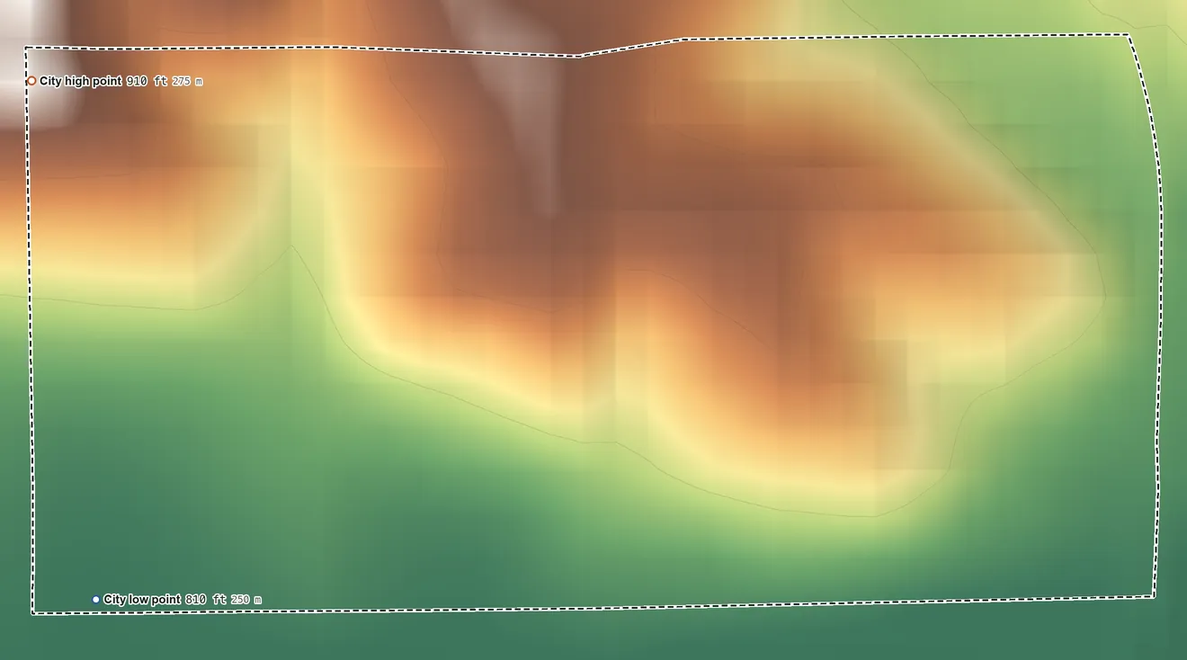 Topographic elevation map of Spring Hill, Iowa, shaded from 810 ft on the southwest side to 910 ft on the west side