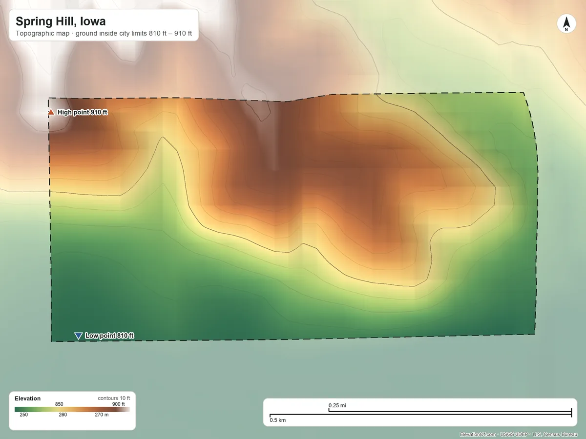 Topographic elevation map of Spring Hill, Iowa, shaded from 810 ft on the southwest side to 910 ft on the west side