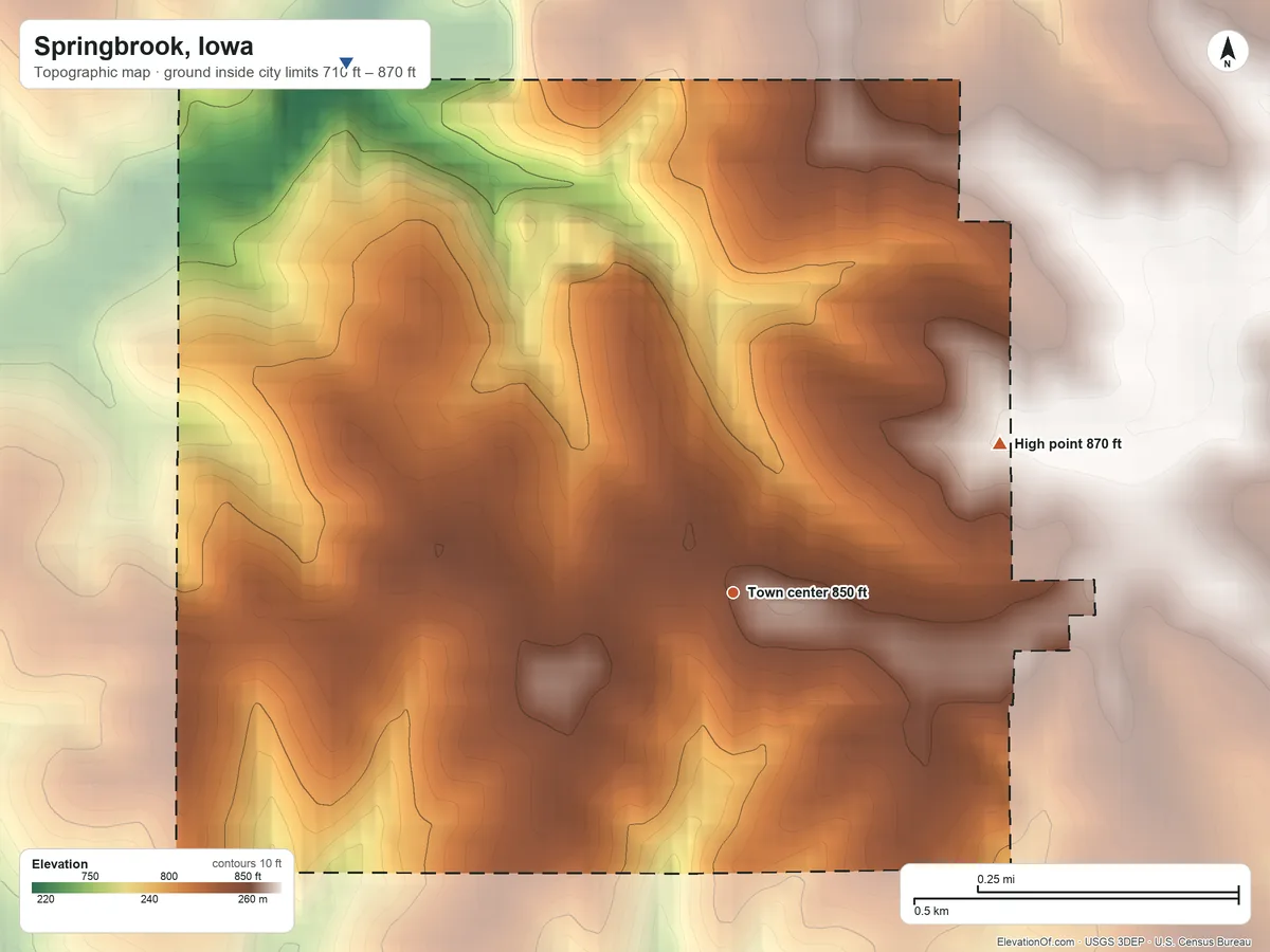 Topographic elevation map of Springbrook, Iowa, shaded from 710 ft on the northwest side to 870 ft on the northeast side