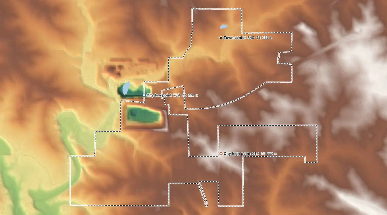 Topographic elevation map of Springville, Iowa, shaded from 730 ft on the southwest side to 910 ft on the south side