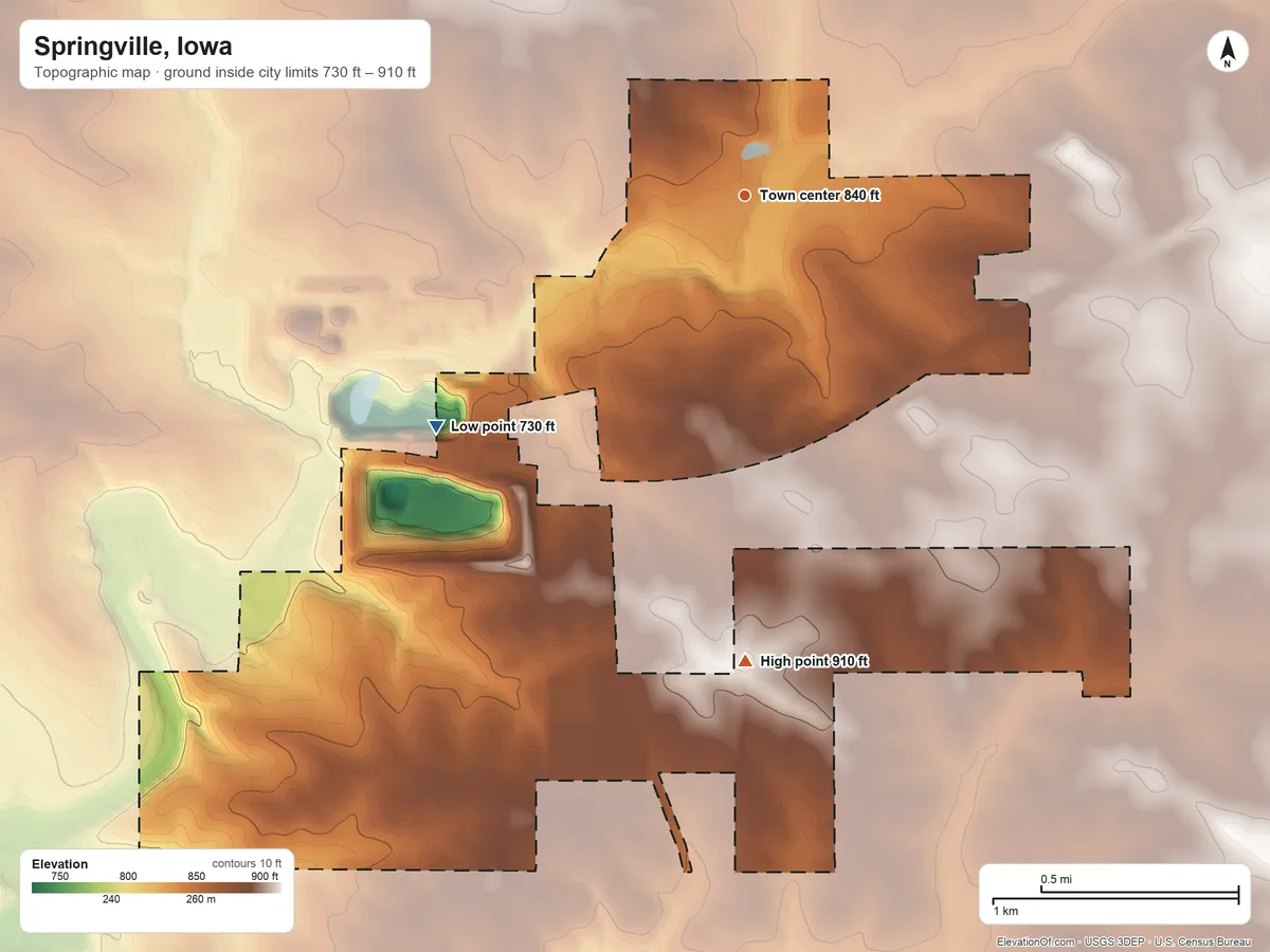 Topographic elevation map of Springville, Iowa, shaded from 730 ft on the southwest side to 910 ft on the south side