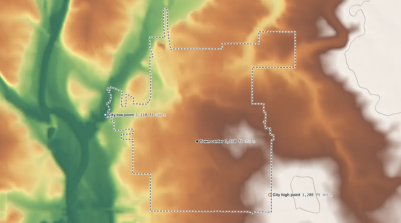 Topographic elevation map of St. Ansgar, Iowa, shaded from 1,110 ft on the west side to 1,200 ft on the southeast side
