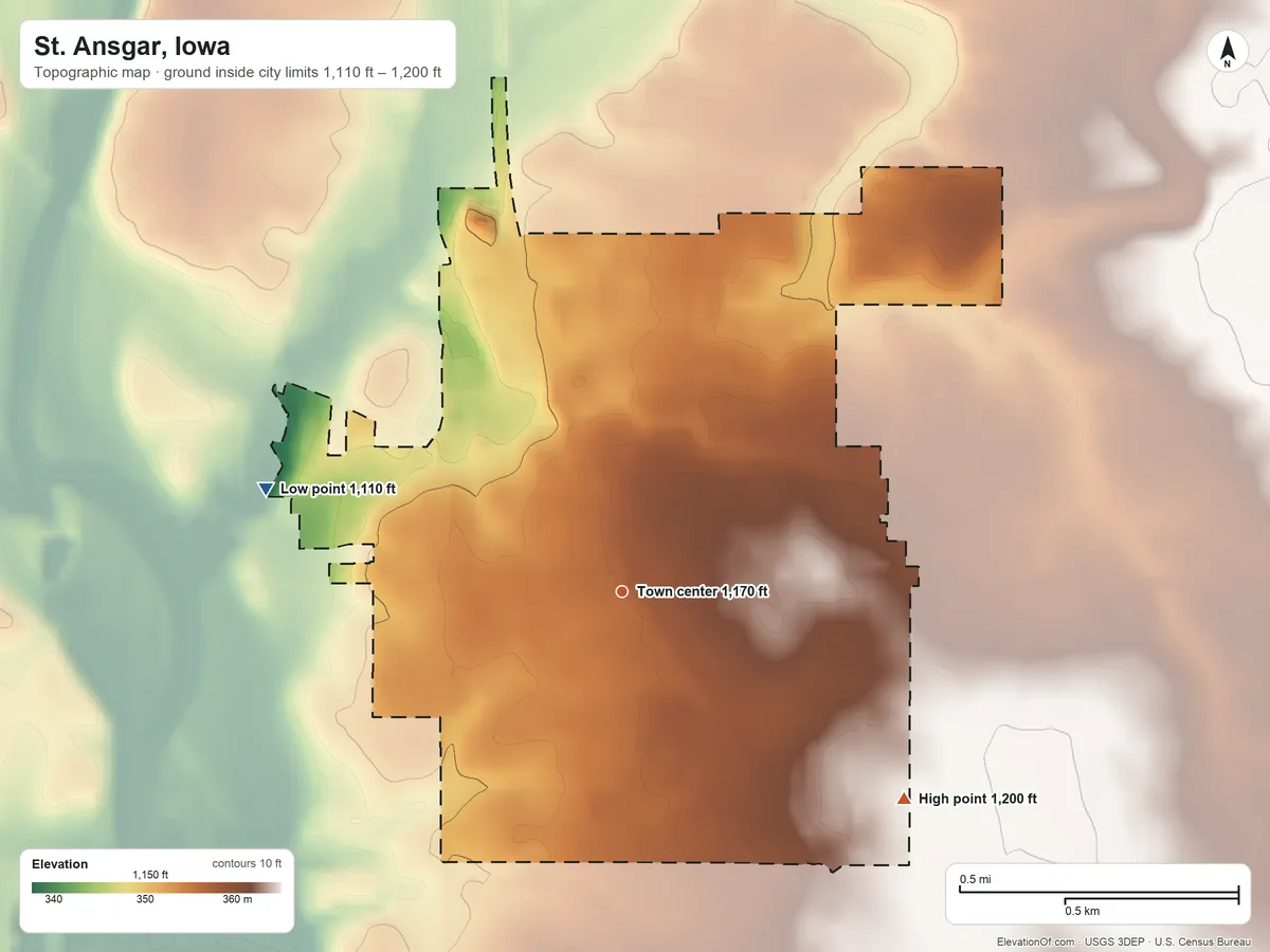 Topographic elevation map of St. Ansgar, Iowa, shaded from 1,110 ft on the west side to 1,200 ft on the southeast side