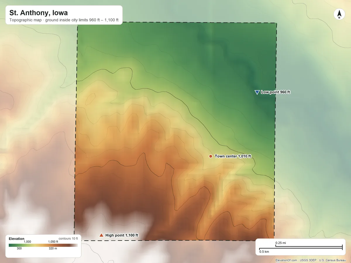 Topographic elevation map of St. Anthony, Iowa, shaded from 960 ft on the northeast side to 1,100 ft on the southwest side