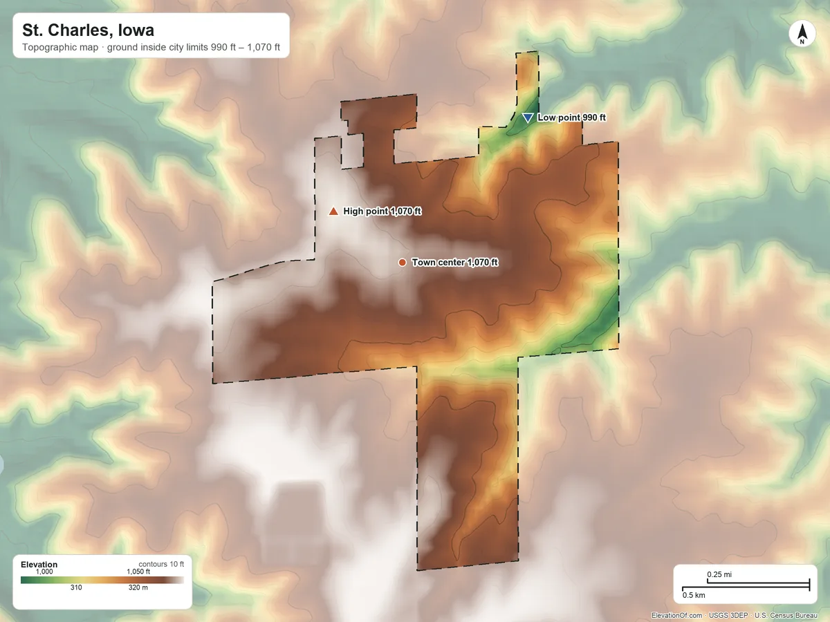 Topographic elevation map of St. Charles, Iowa, shaded from 990 ft on the northeast side to 1,070 ft on the northwest side