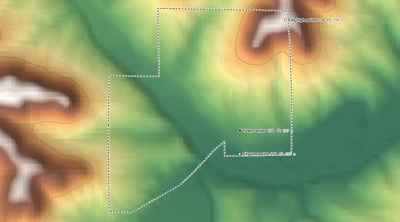 Topographic elevation map of St. Donatus, Iowa, shaded from 640 ft near the middle to 950 ft on the north side