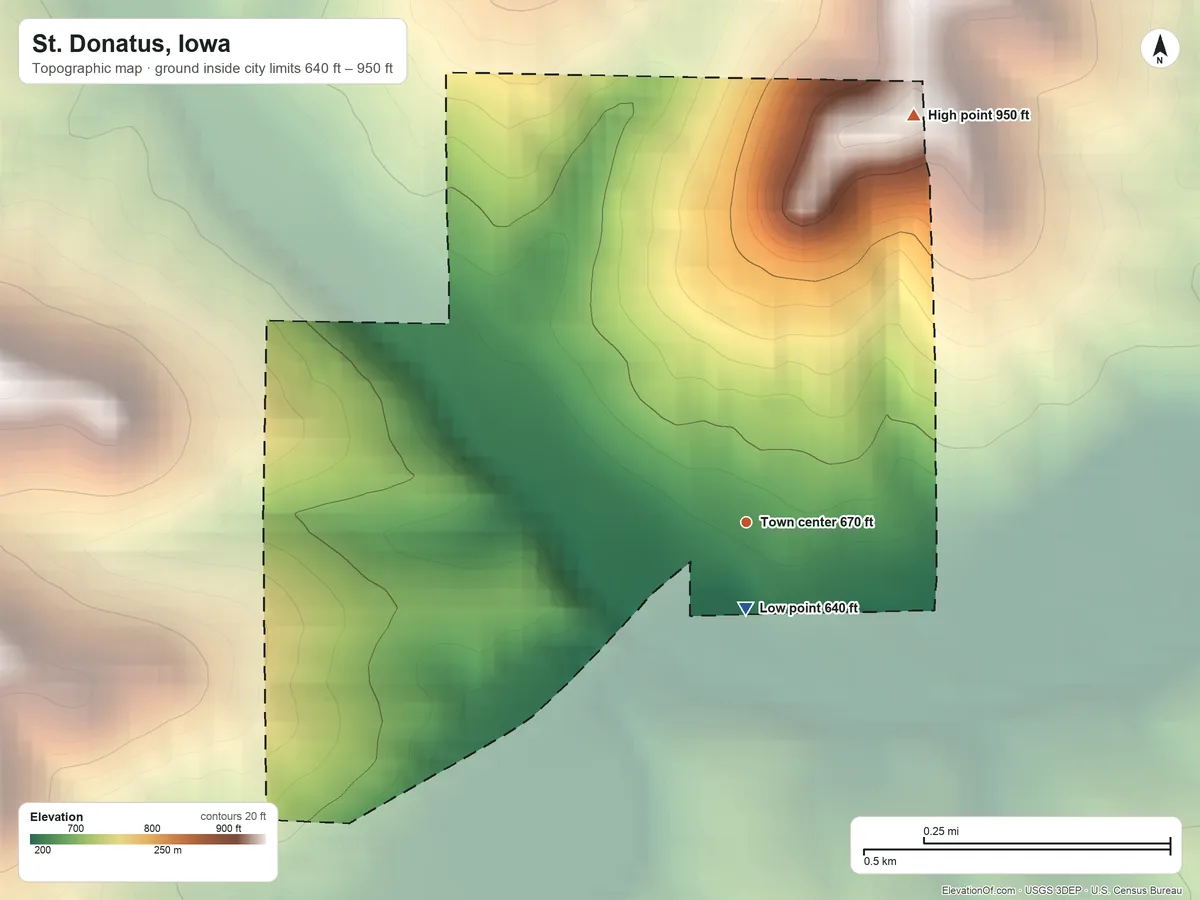Topographic elevation map of St. Donatus, Iowa, shaded from 640 ft near the middle to 950 ft on the north side