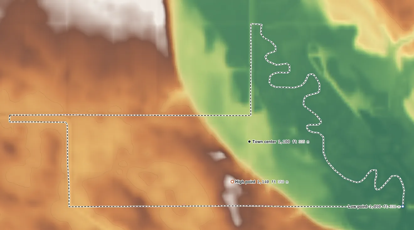 Topographic elevation map of St. Joseph, Iowa, shaded from 1,090 ft on the southeast side to 1,140 ft on the southwest side
