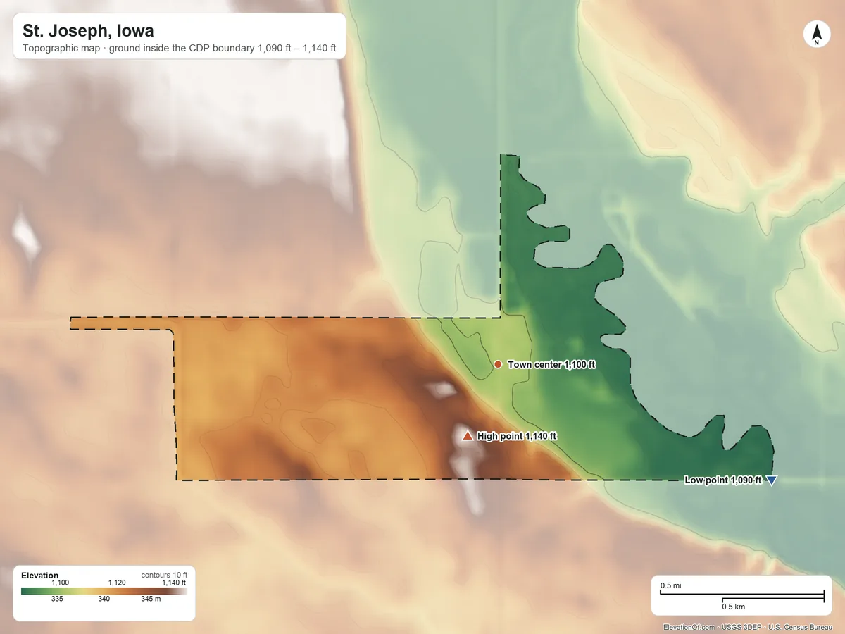 Topographic elevation map of St. Joseph, Iowa, shaded from 1,090 ft on the southeast side to 1,140 ft on the southwest side