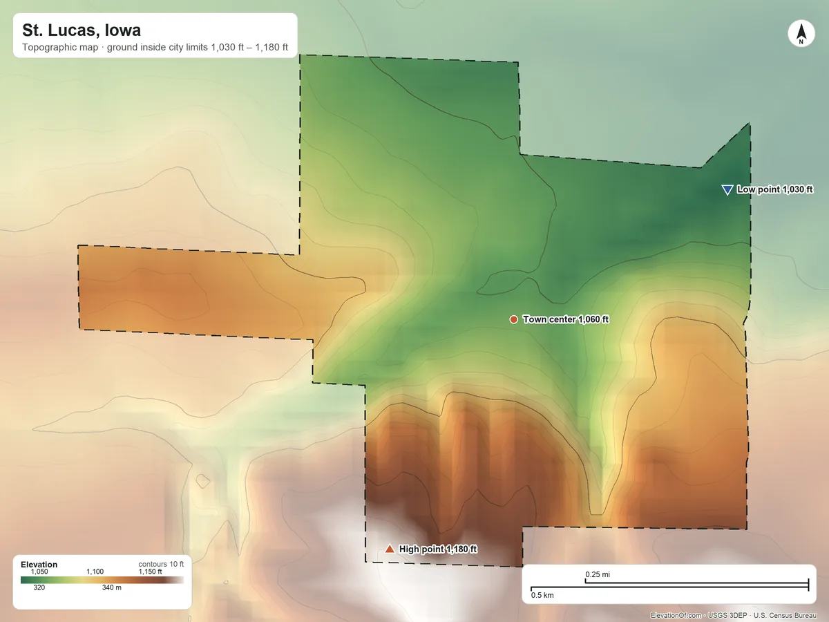Topographic elevation map of St. Lucas, Iowa, shaded from 1,030 ft on the northeast side to 1,180 ft on the southwest side