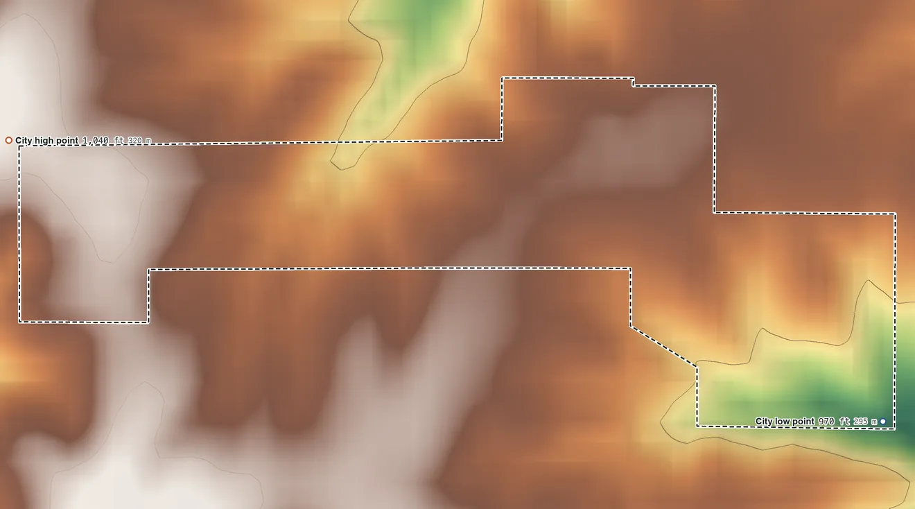 Topographic elevation map of St. Marys, Iowa, shaded from 970 ft on the southeast side to 1,040 ft on the west side