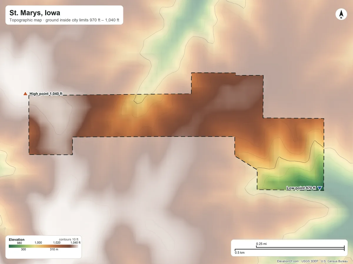 Topographic elevation map of St. Marys, Iowa, shaded from 970 ft on the southeast side to 1,040 ft on the west side