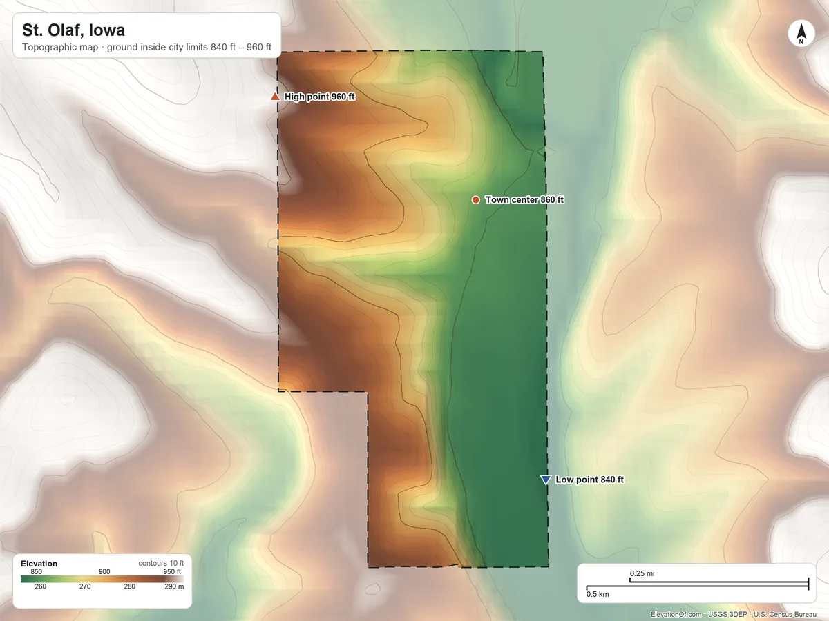 Topographic elevation map of St. Olaf, Iowa, shaded from 840 ft on the south side to 960 ft on the northwest side