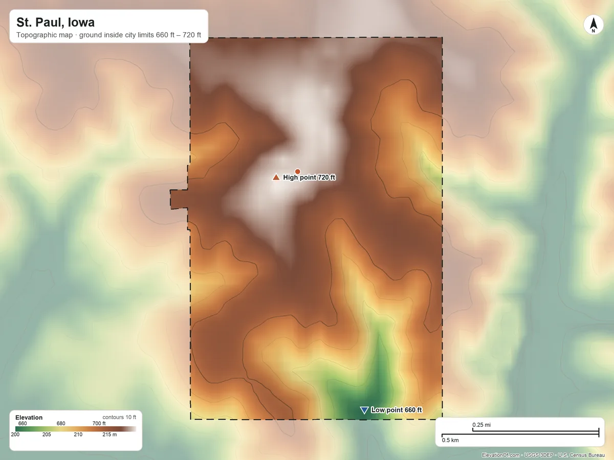 Topographic elevation map of St. Paul, Iowa, shaded from 660 ft on the south side to 720 ft near the middle