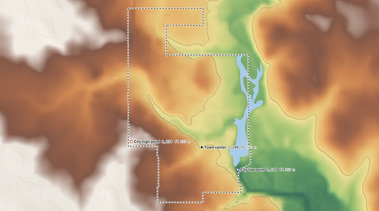 Topographic elevation map of Stacyville, Iowa, shaded from 1,180 ft on the southeast side to 1,230 ft on the west side