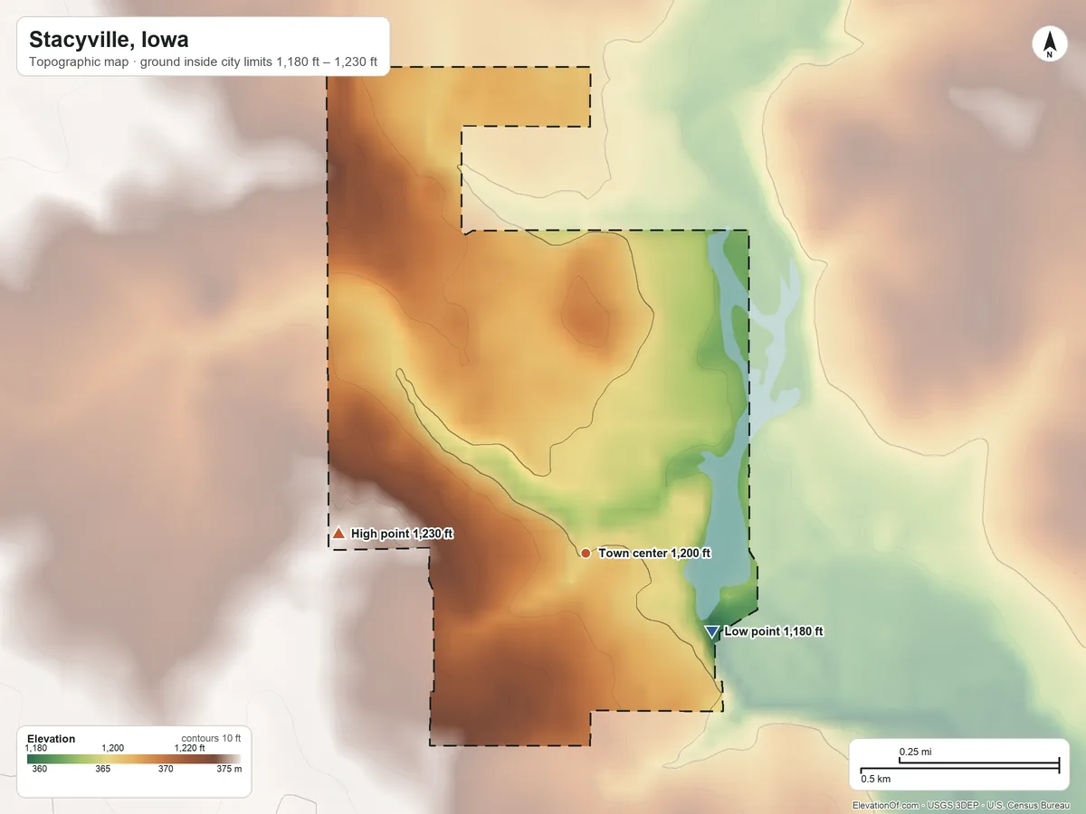 Topographic elevation map of Stacyville, Iowa, shaded from 1,180 ft on the southeast side to 1,230 ft on the west side