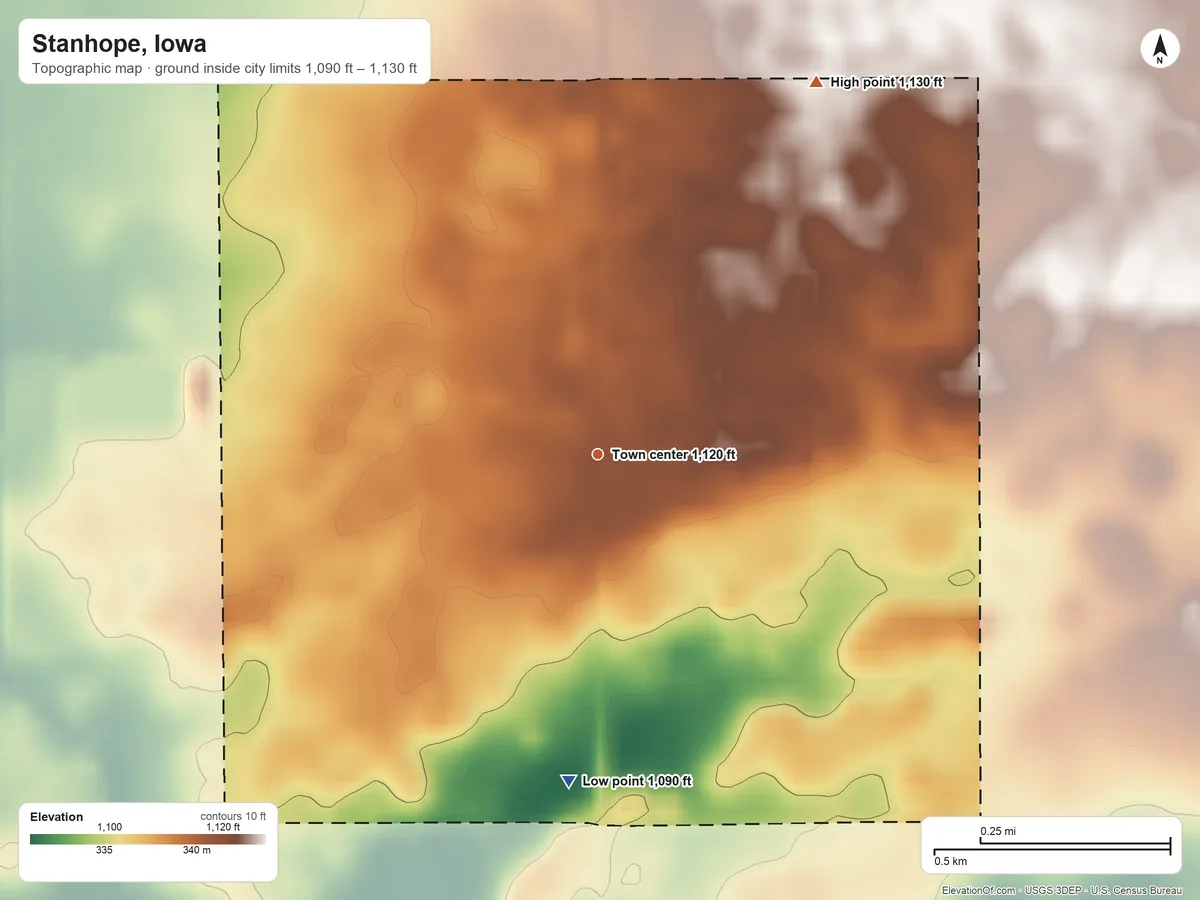 Topographic elevation map of Stanhope, Iowa, shaded from 1,090 ft on the south side to 1,130 ft on the northeast side