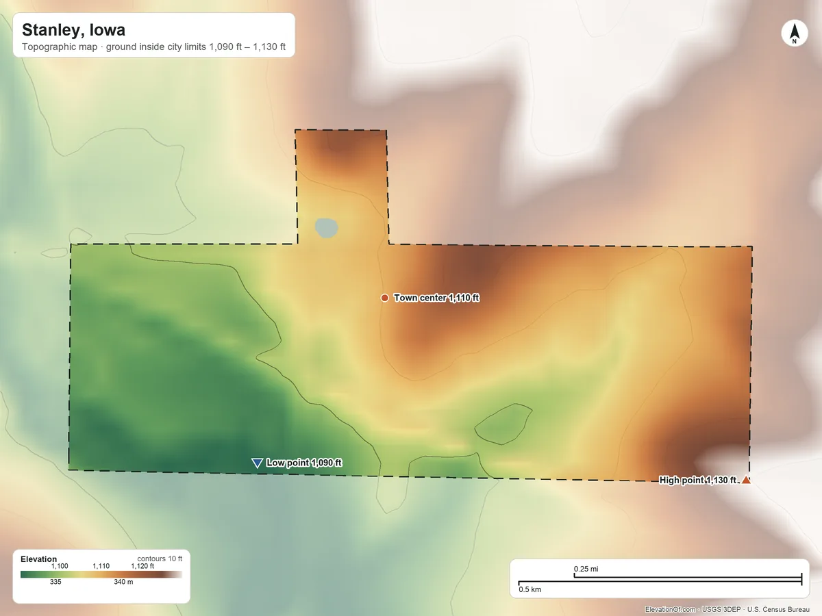 Topographic elevation map of Stanley, Iowa, shaded from 1,090 ft on the southwest side to 1,130 ft on the southeast side