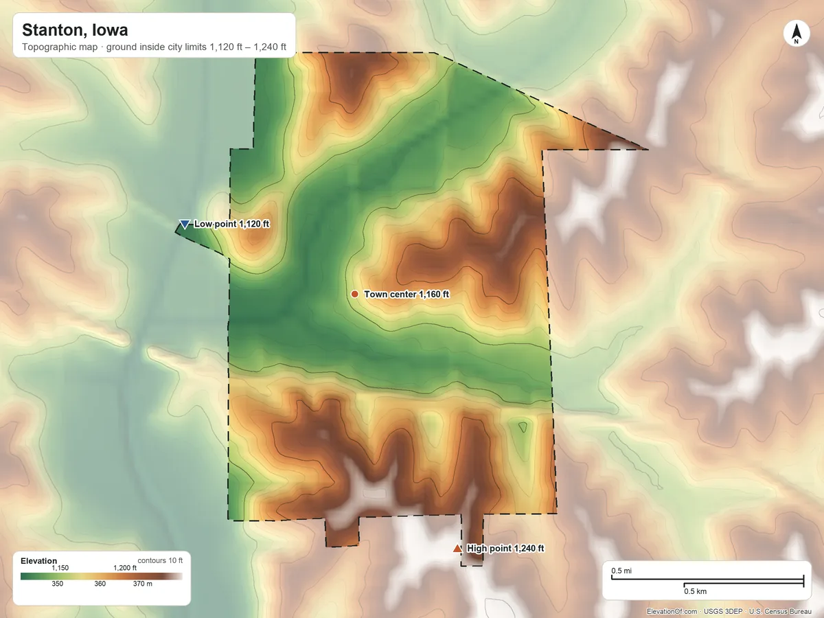 Topographic elevation map of Stanton, Iowa, shaded from 1,120 ft on the west side to 1,240 ft on the south side