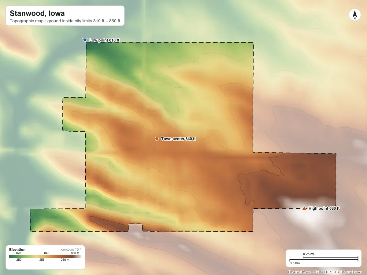 Topographic elevation map of Stanwood, Iowa, shaded from 810 ft on the northwest side to 860 ft on the southeast side