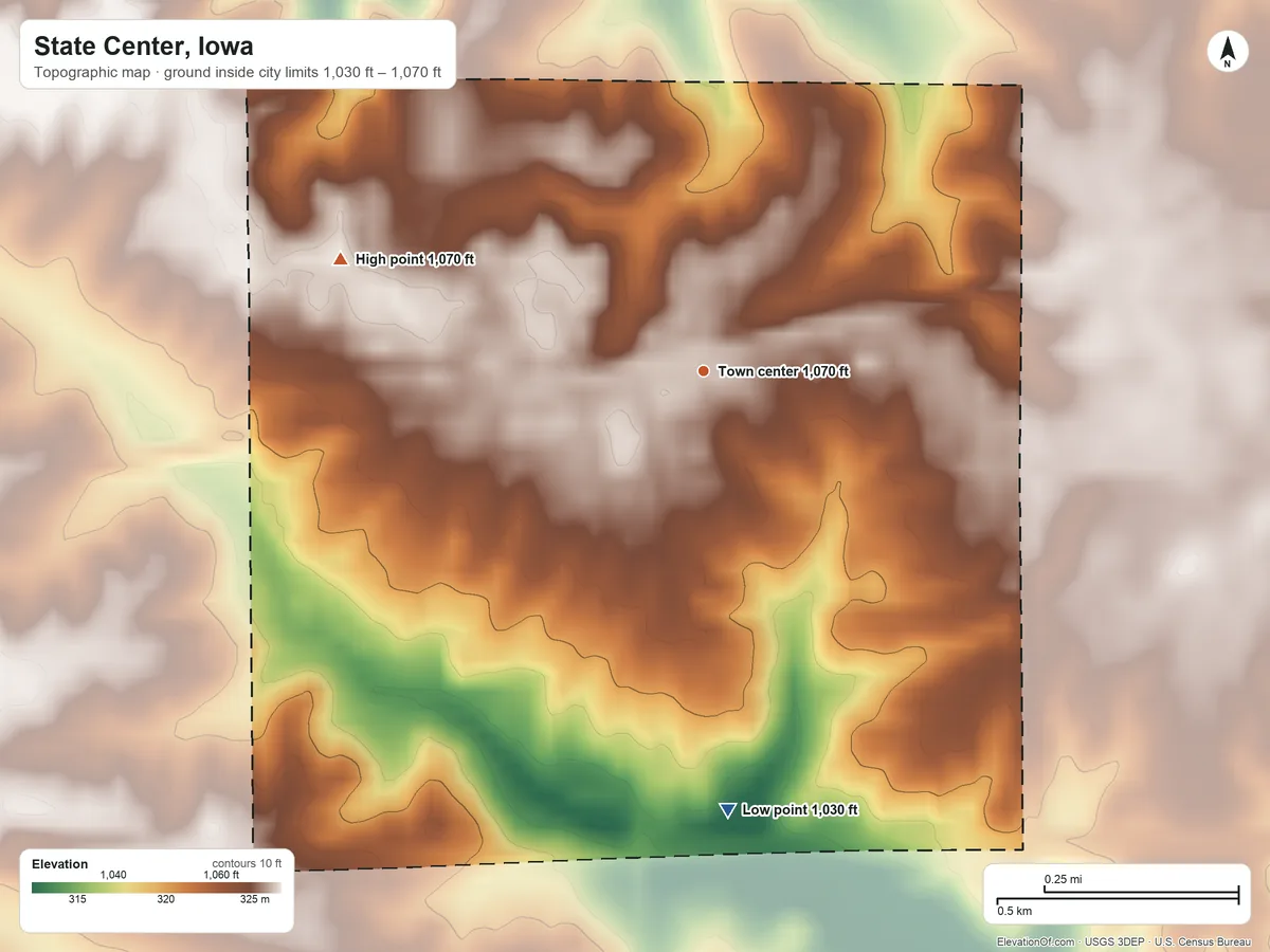 Topographic elevation map of State Center, Iowa, shaded from 1,030 ft on the south side to 1,070 ft on the west side