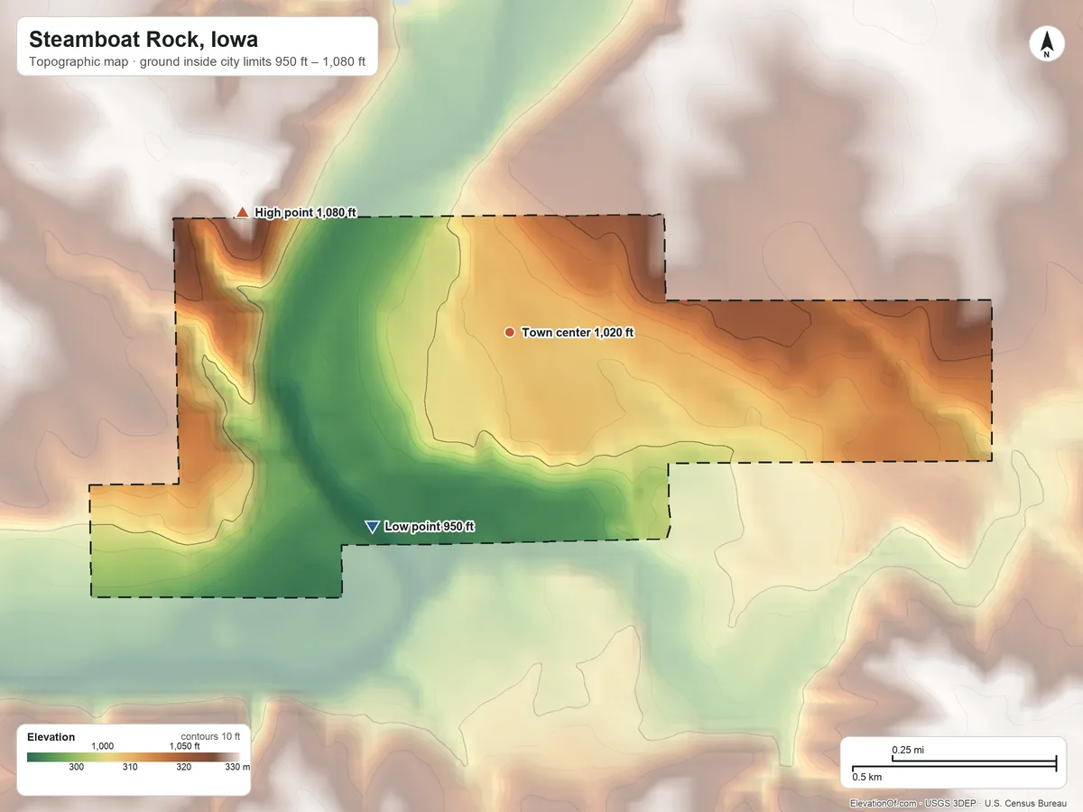 Topographic elevation map of Steamboat Rock, Iowa, shaded from 950 ft on the southwest side to 1,080 ft on the northwest side