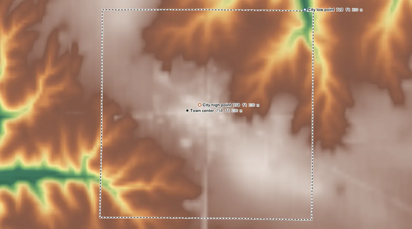 Topographic elevation map of Stockport, Iowa, shaded from 720 ft on the northeast side to 750 ft near the middle