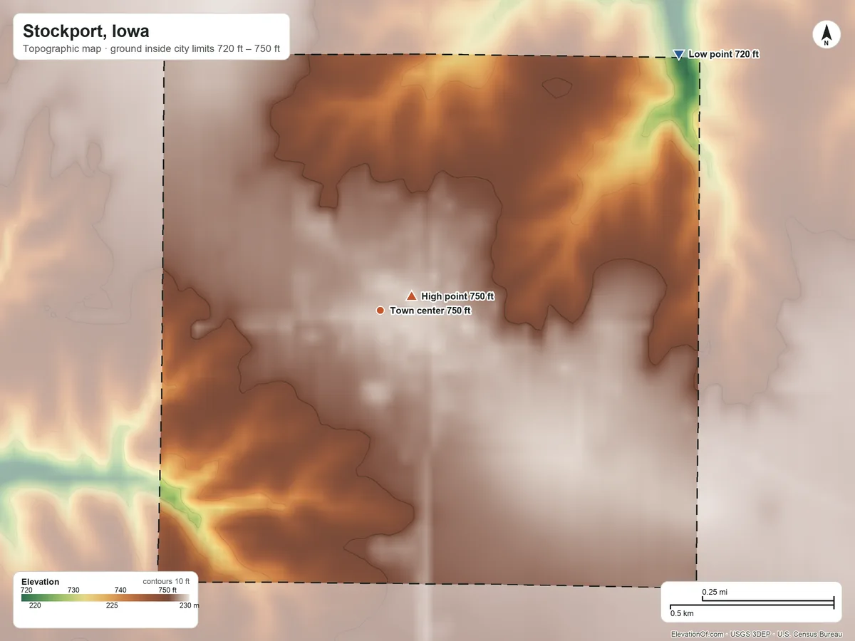 Topographic elevation map of Stockport, Iowa, shaded from 720 ft on the northeast side to 750 ft near the middle