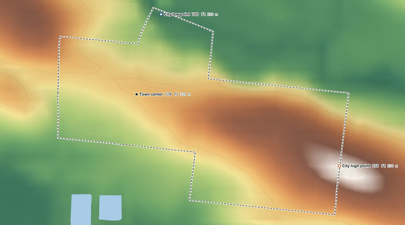 Topographic elevation map of Stockton, Iowa, shaded from 700 ft on the north side to 750 ft on the east side