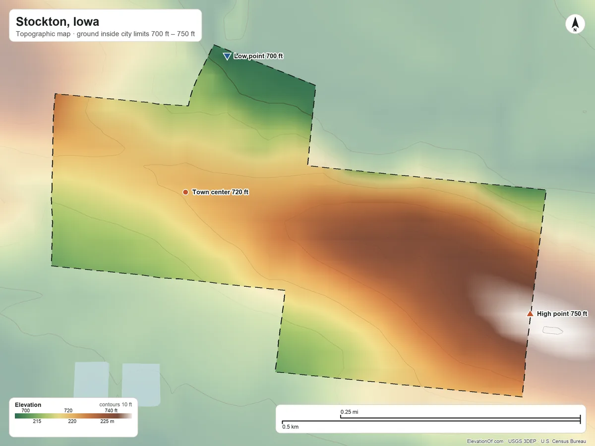 Topographic elevation map of Stockton, Iowa, shaded from 700 ft on the north side to 750 ft on the east side
