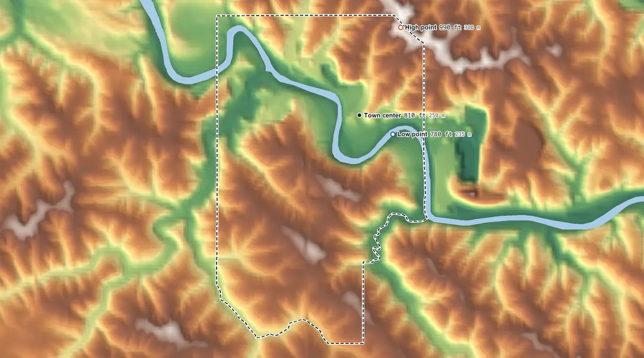 Topographic elevation map of Stone City, Iowa, shaded from 780 ft near the middle to 990 ft on the northeast side