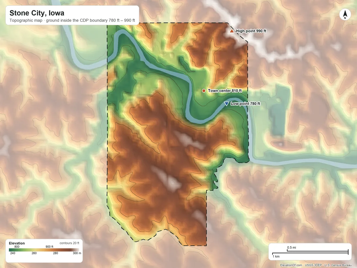 Topographic elevation map of Stone City, Iowa, shaded from 780 ft near the middle to 990 ft on the northeast side