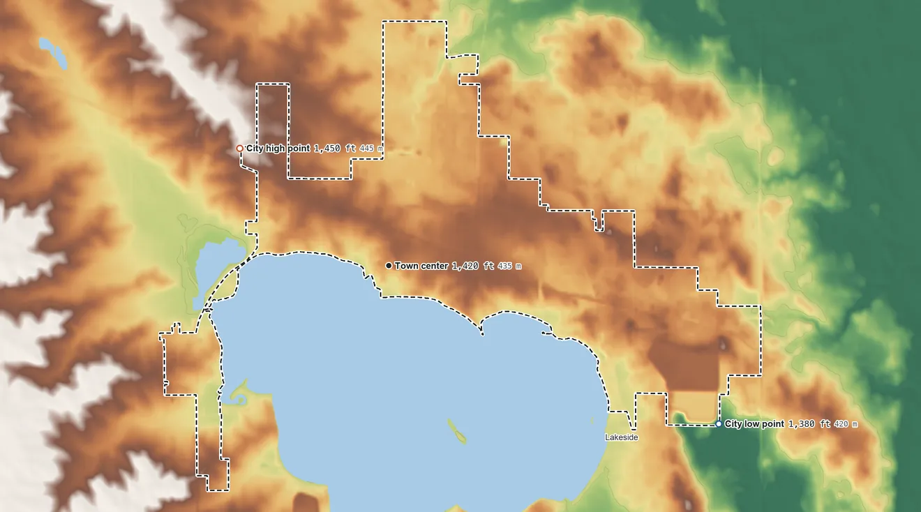 Topographic elevation map of Storm Lake, Iowa, shaded from 1,380 ft on the southeast side to 1,450 ft on the northwest side