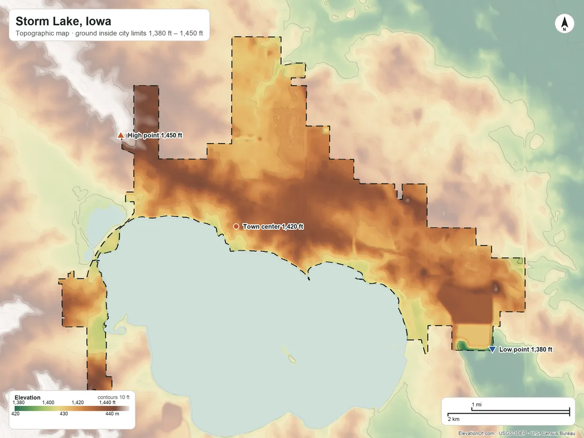 Topographic elevation map of Storm Lake, Iowa, shaded from 1,380 ft on the southeast side to 1,450 ft on the northwest side