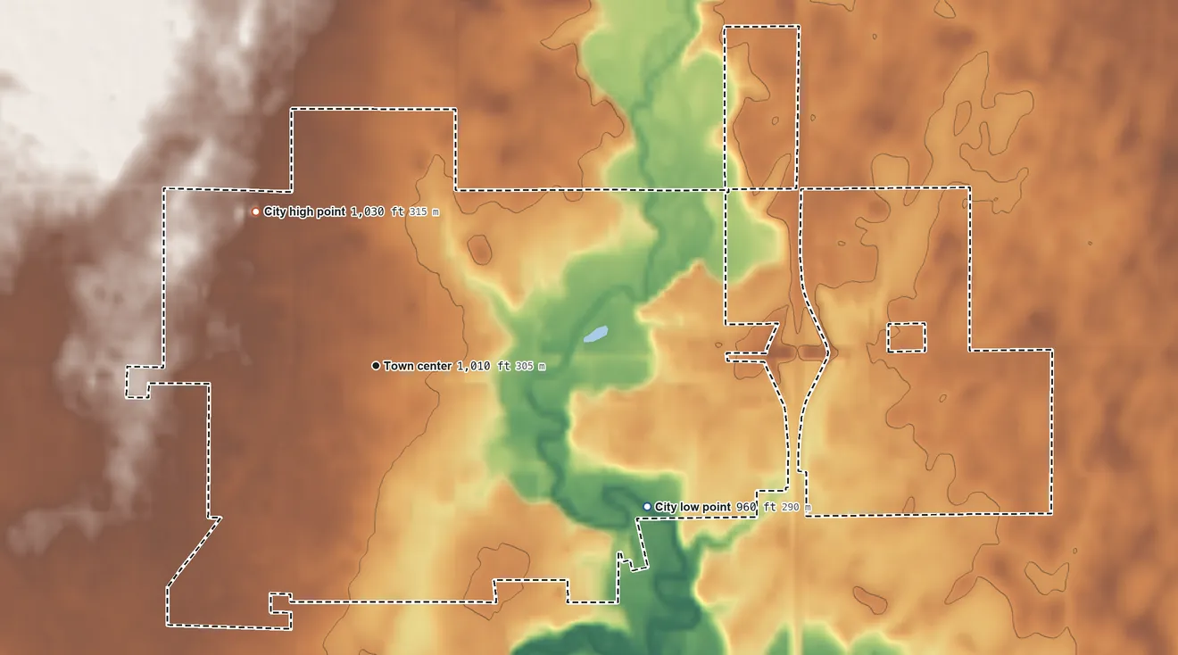 Topographic elevation map of Story City, Iowa, shaded from 960 ft on the southeast side to 1,030 ft on the northwest side