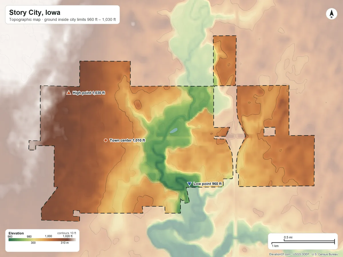 Topographic elevation map of Story City, Iowa, shaded from 960 ft on the southeast side to 1,030 ft on the northwest side