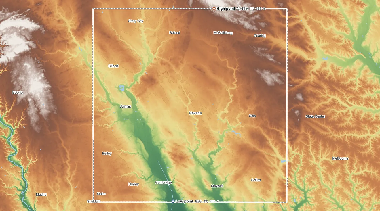 Topographic elevation map of Story County, Iowa, shaded from 830 ft on the south side to 1,160 ft on the north side